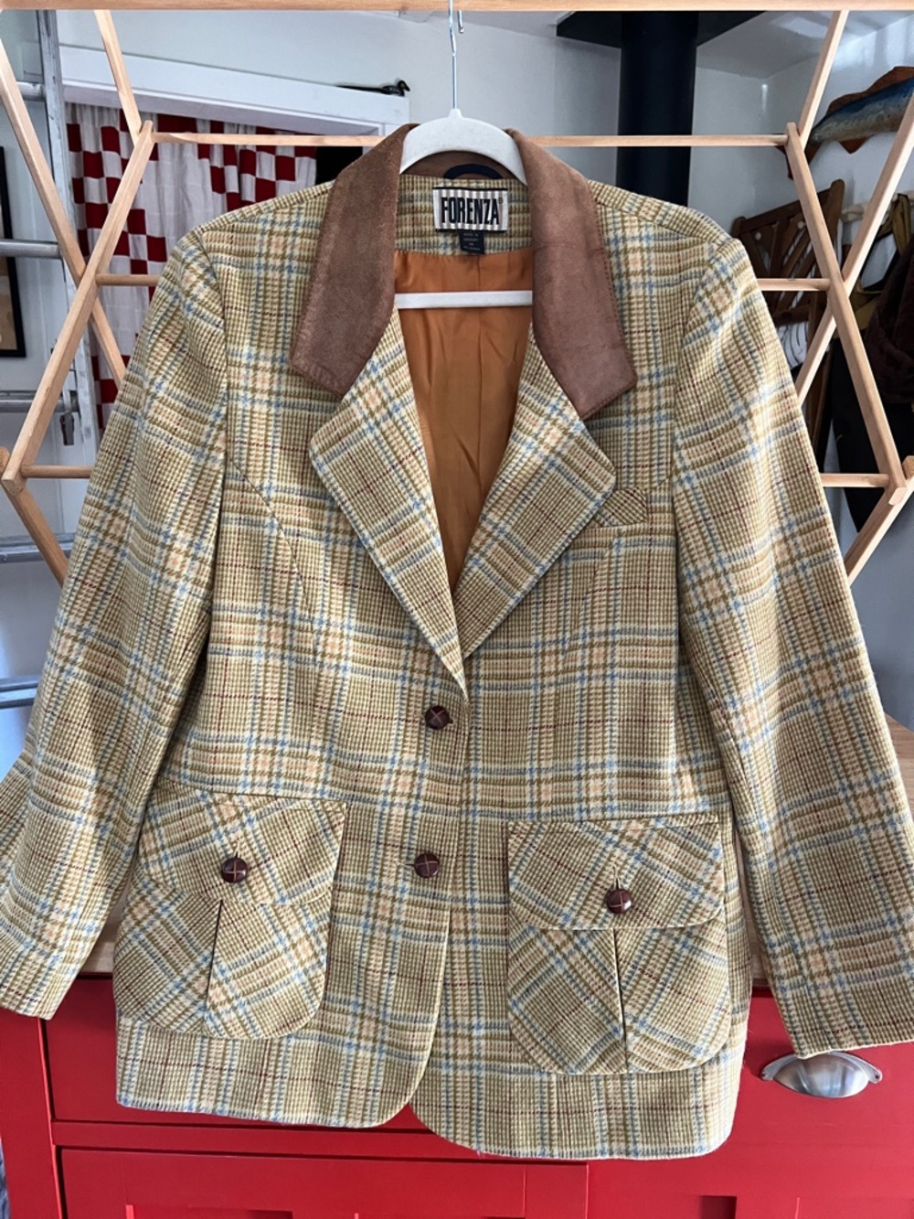 Forenza Tan Plaid Blazer with Brown Suede Collar